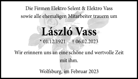 Traueranzeige von László Vass von Wolfsburger Nachrichten