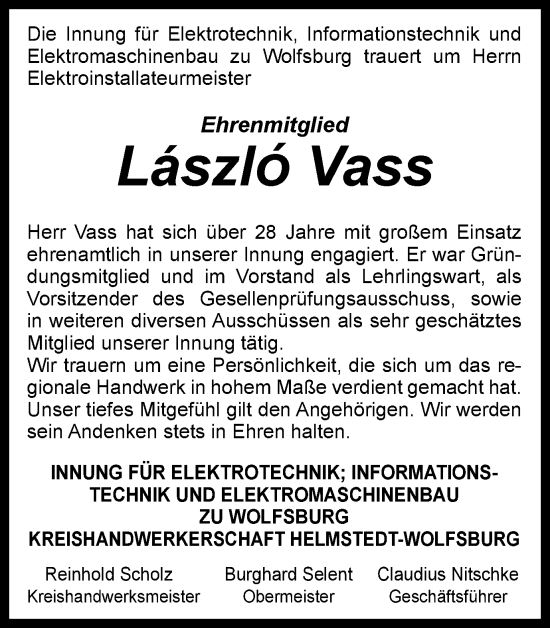Traueranzeige von László Vass von Wolfsburger Nachrichten