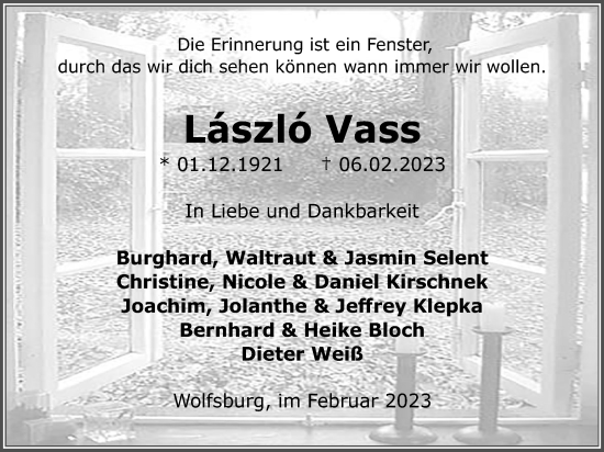 Traueranzeige von László Vass von Wolfsburger Nachrichten