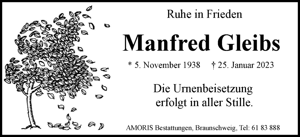  Traueranzeige für Manfred Gleibs vom 18.02.2023 aus Braunschweiger Zeitung