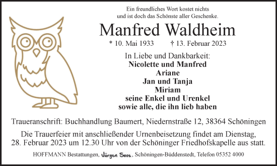 Traueranzeige von Manfred Waldheim von Helmstedter Nachrichten