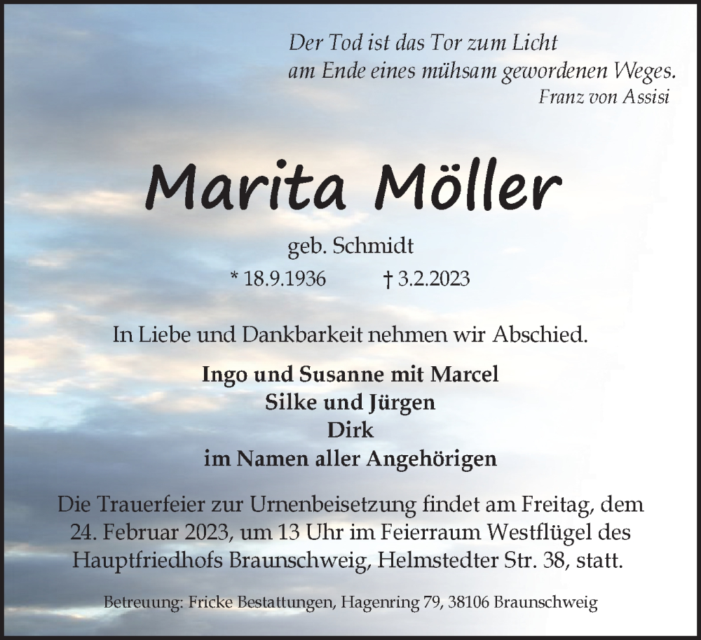  Traueranzeige für Marita Möller vom 18.02.2023 aus Braunschweiger Zeitung