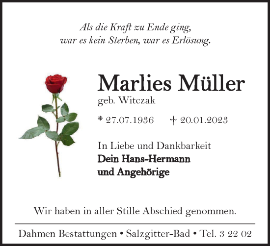 Traueranzeige von Marlies Müller von Salzgitter-Zeitung