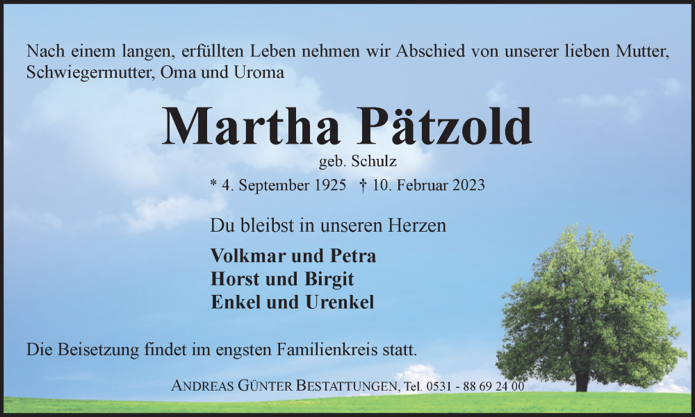  Traueranzeige für Martha Pätzold vom 25.02.2023 aus Braunschweiger Zeitung