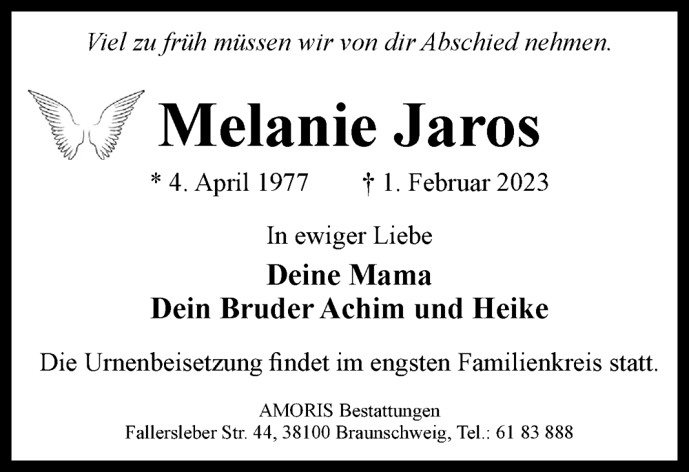  Traueranzeige für Melanie Jaros vom 18.02.2023 aus Braunschweiger Zeitung