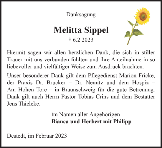Traueranzeige von Melitta Sippel von Wolfenbütteler Zeitung