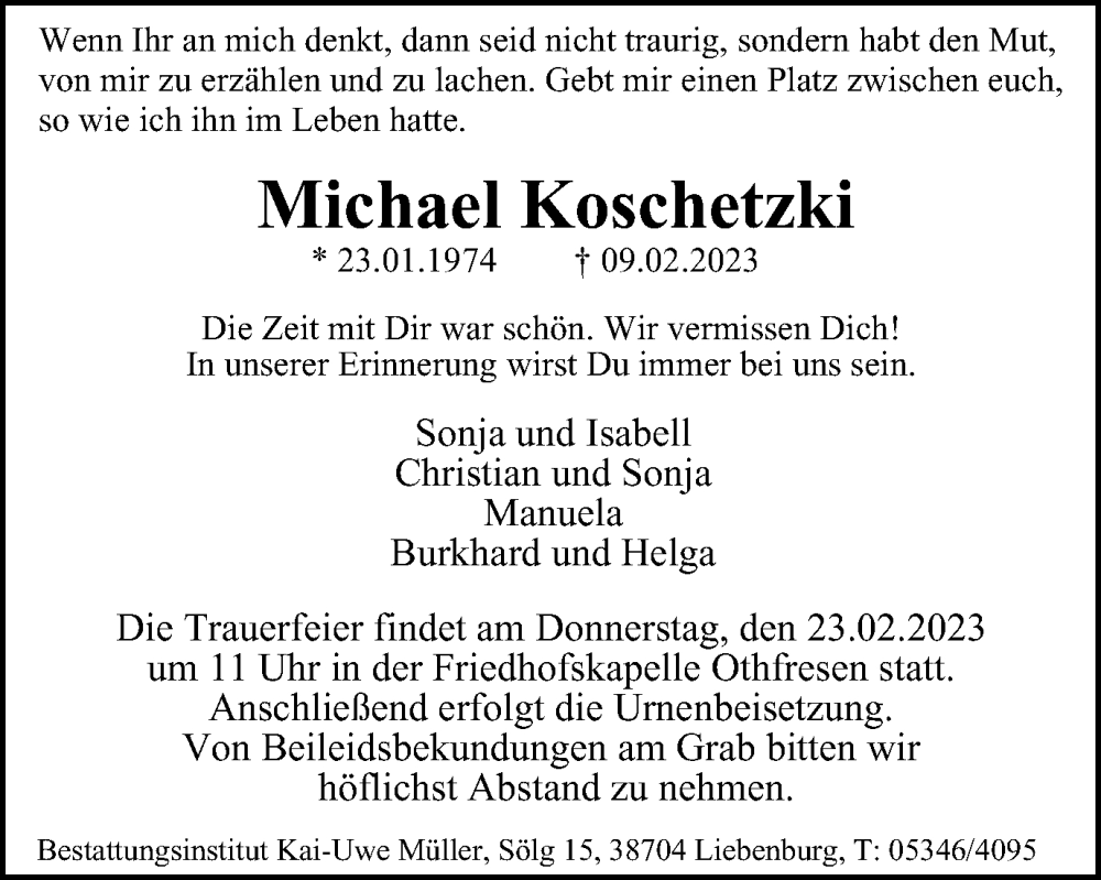  Traueranzeige für Michael Koschetzki vom 20.02.2023 aus Salzgitter-Zeitung