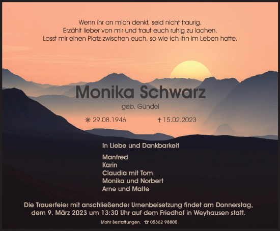 Traueranzeige von Monika Schwarz von Wolfsburger Nachrichten