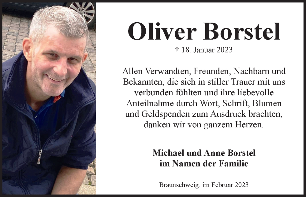  Traueranzeige für Oliver Borstel vom 18.02.2023 aus Neue Braunschweiger am Samstag