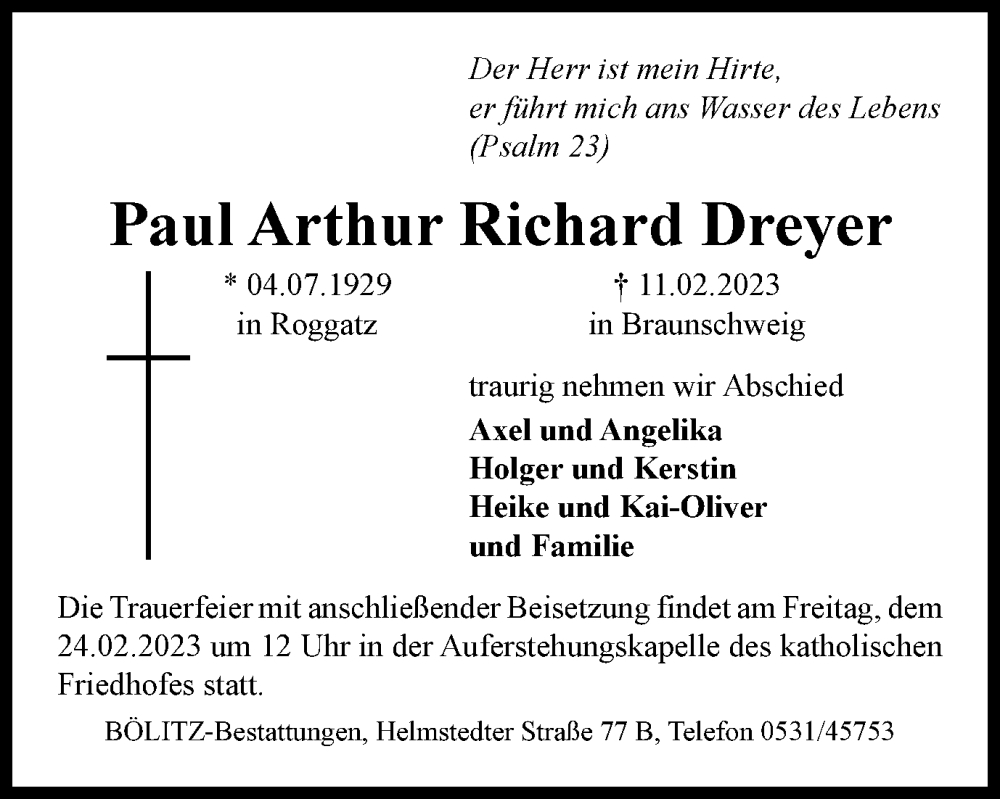  Traueranzeige für Paul Arthur Richard Dreyer vom 18.02.2023 aus Braunschweiger Zeitung