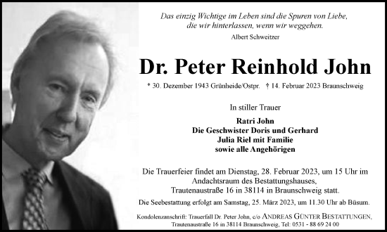 Traueranzeige von Peter Reinhold John von Braunschweiger Zeitung