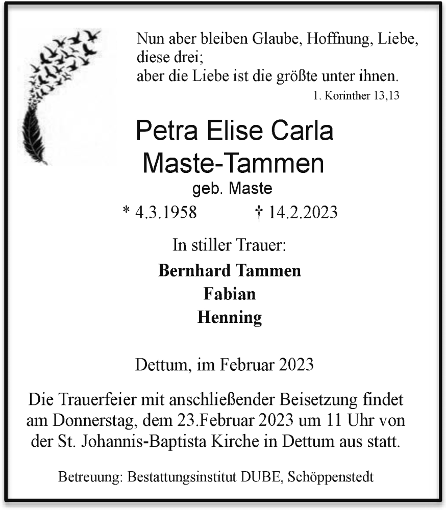  Traueranzeige für Petra Elise Carla Maste-Tammen vom 18.02.2023 aus Wolfenbütteler Zeitung