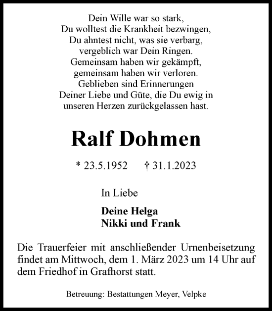 Traueranzeige von Ralf Dohmen von Wolfsburger Nachrichten