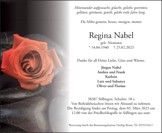 Traueranzeige von Regina Nabel von Helmstedter Nachrichten