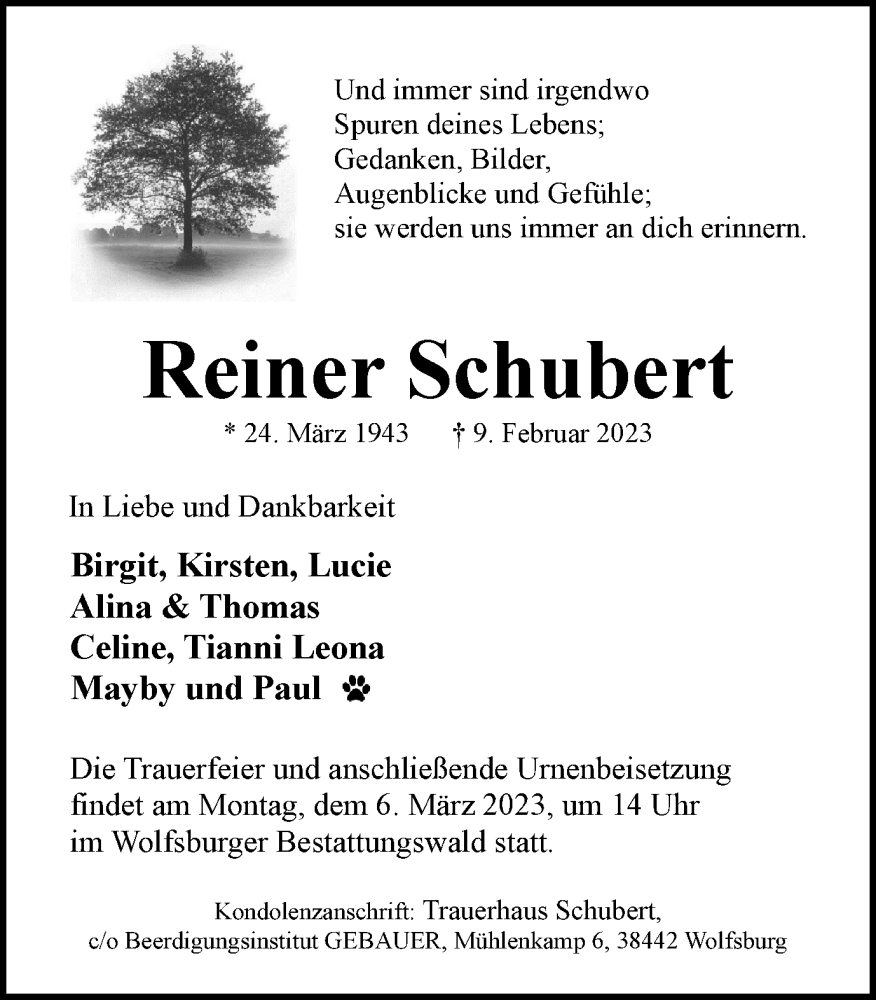  Traueranzeige für Reiner Schubert vom 18.02.2023 aus Wolfsburger Nachrichten