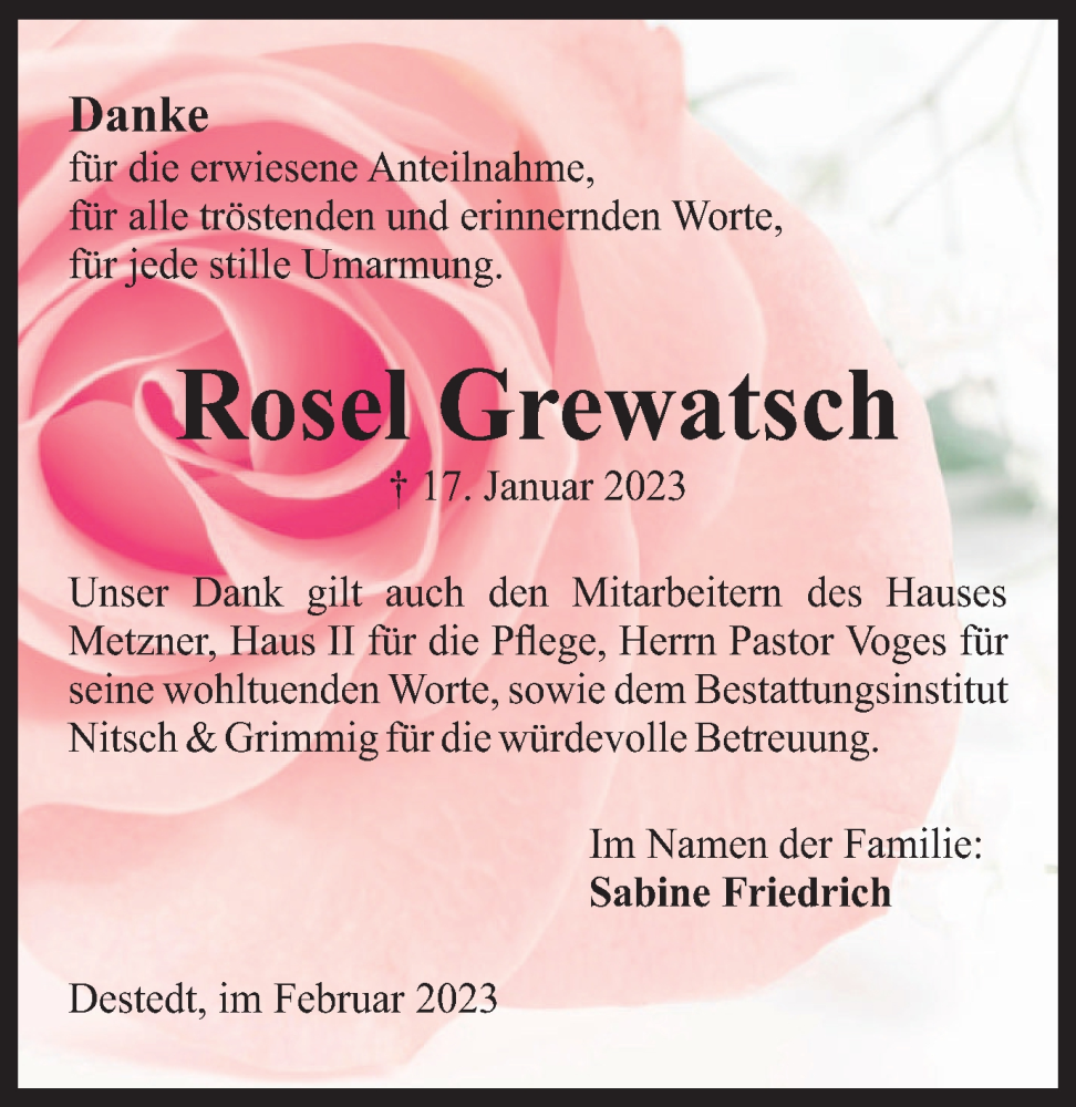  Traueranzeige für Rosel Grewatsch vom 18.02.2023 aus Wolfenbütteler Zeitung