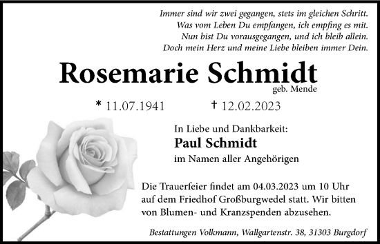 Traueranzeige von Rosemarie Schmidt von Neue Braunschweiger am Samstag