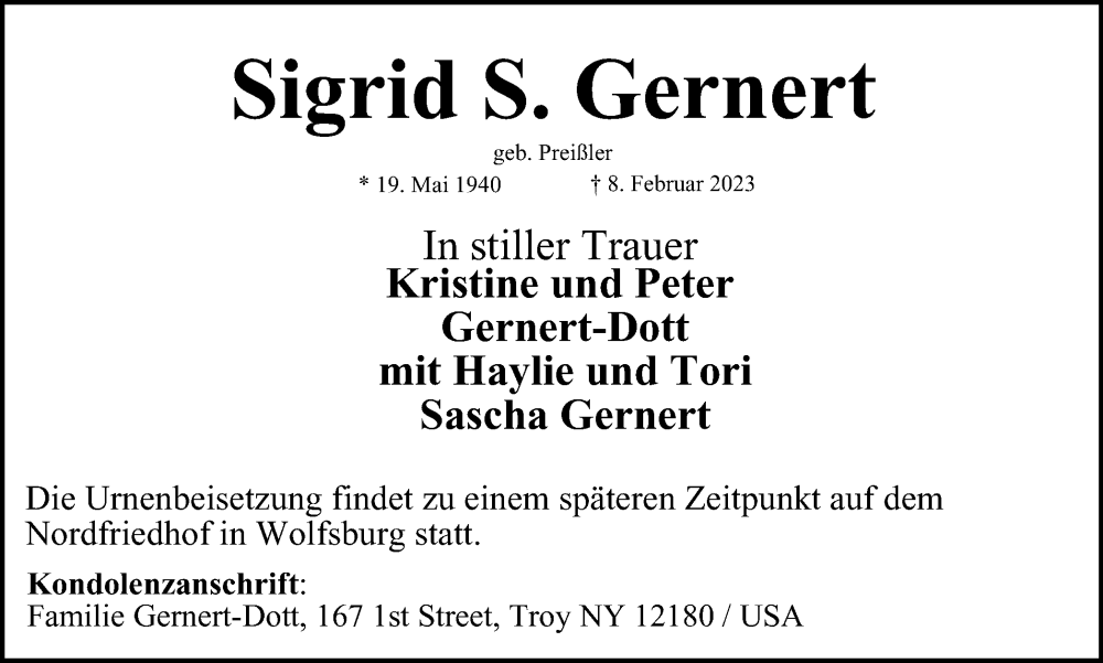  Traueranzeige für Sigrid S. Gernert vom 25.02.2023 aus Wolfsburger Nachrichten