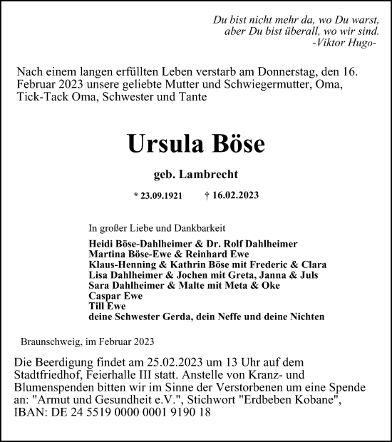 Traueranzeige von Ursula Böse von Braunschweiger Zeitung