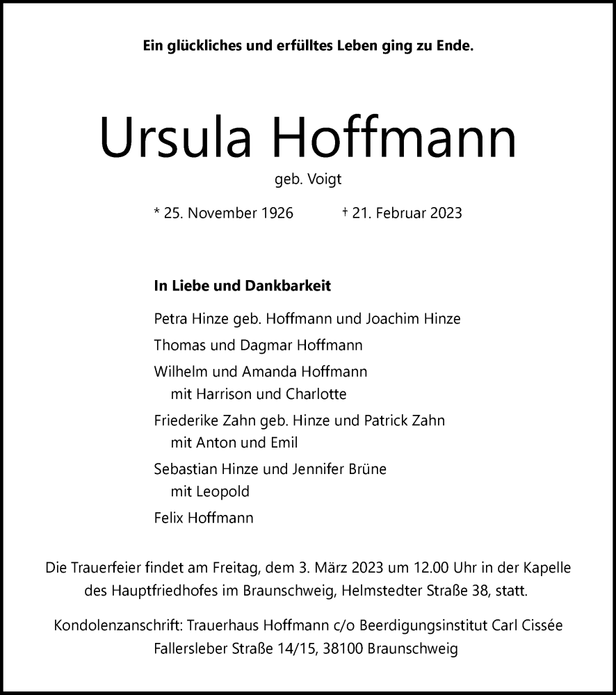  Traueranzeige für Ursula Hoffmann vom 25.02.2023 aus Braunschweiger Zeitung