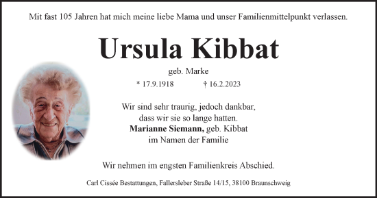 Traueranzeige von Ursula Kibbat von Braunschweiger Zeitung