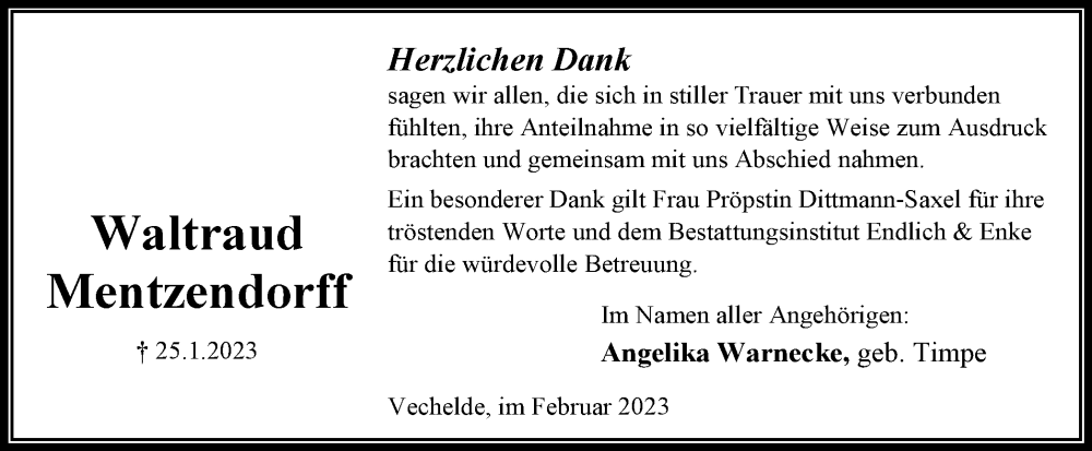  Traueranzeige für Waltraud Mentzendorff vom 25.02.2023 aus Peiner Nachrichten