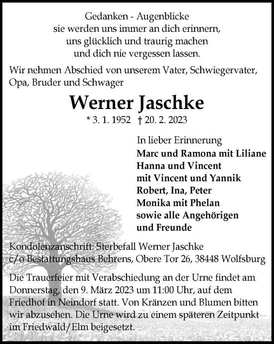 Traueranzeige von Werner Jaschke von Wolfsburger Nachrichten