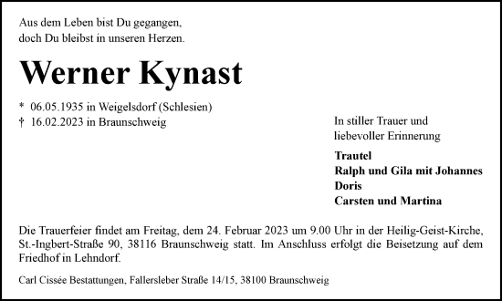 Traueranzeige von Werner Kynast von Braunschweiger Zeitung