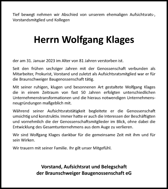 Traueranzeige von Wolfgang Klages von Braunschweiger Zeitung