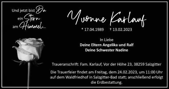 Traueranzeige von Yvonne Karlauf von Salzgitter-Zeitung