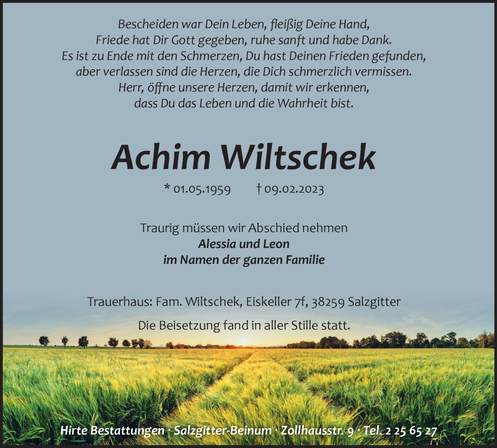  Traueranzeige für Achim Wiltschek vom 04.03.2023 aus Salzgitter-Zeitung