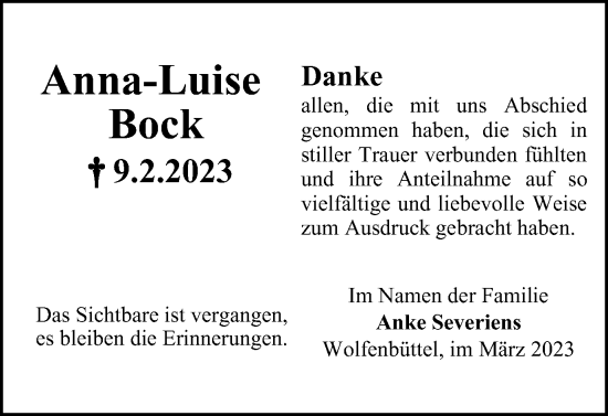 Traueranzeige von Anna-Luise Bock von Wolfenbütteler Zeitung