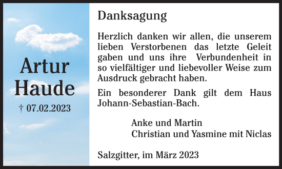 Traueranzeige von Artur Haude von Salzgitter-Zeitung