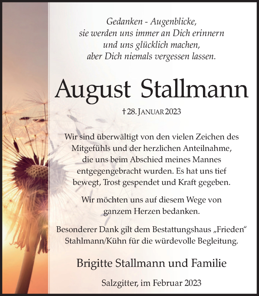  Traueranzeige für August Stallmann vom 04.03.2023 aus Salzgitter-Zeitung