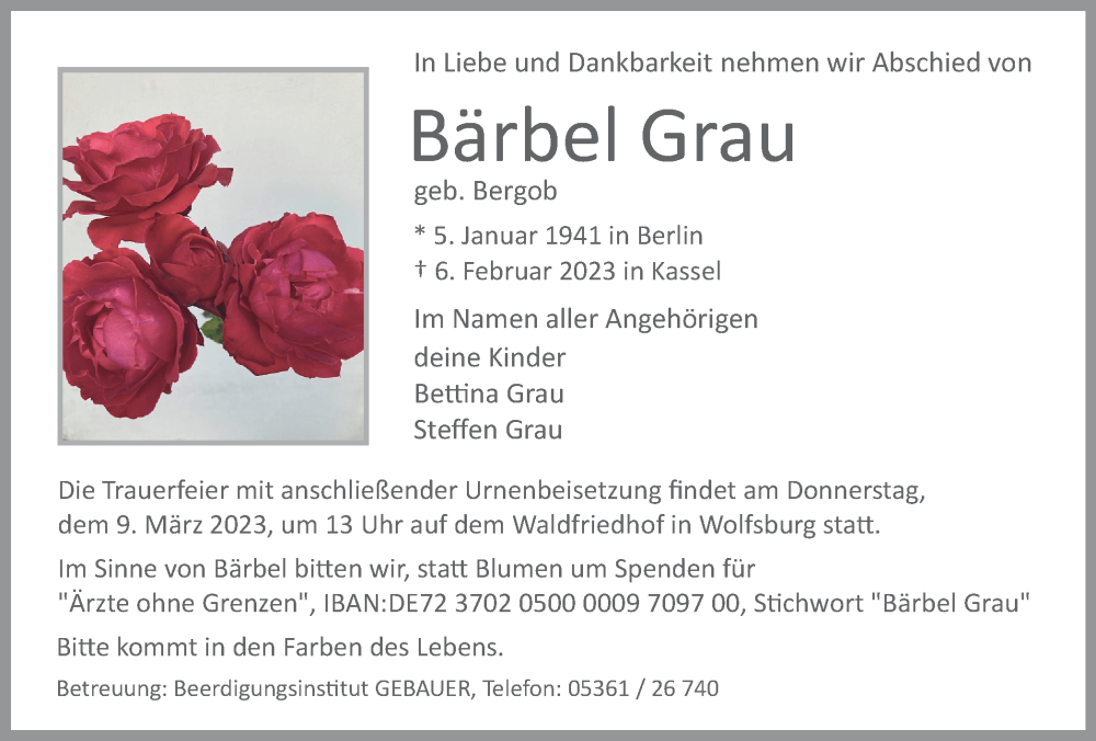  Traueranzeige für Bärbel Grau vom 04.03.2023 aus Wolfsburger Nachrichten