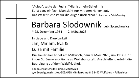 Traueranzeige von Barbara Slodownik von Wolfsburger Nachrichten