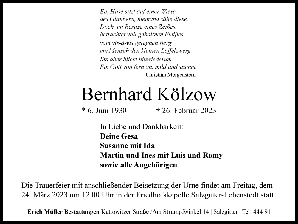  Traueranzeige für Bernhard Kölzow vom 04.03.2023 aus Salzgitter-Zeitung