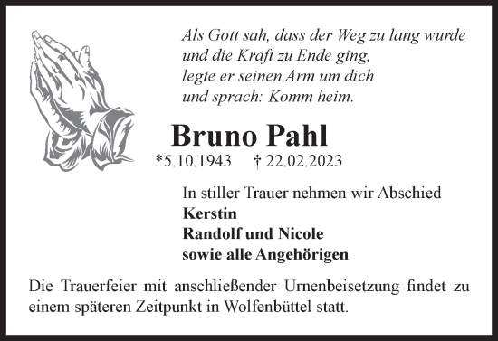 Traueranzeige von Bruno Pahl von Helmstedter Nachrichten