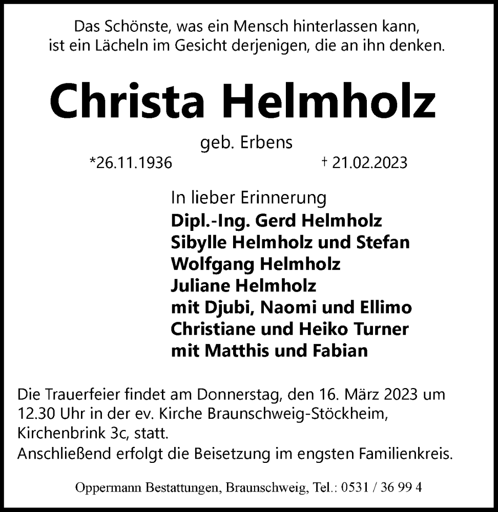  Traueranzeige für Christa Helmholz vom 04.03.2023 aus Braunschweiger Zeitung