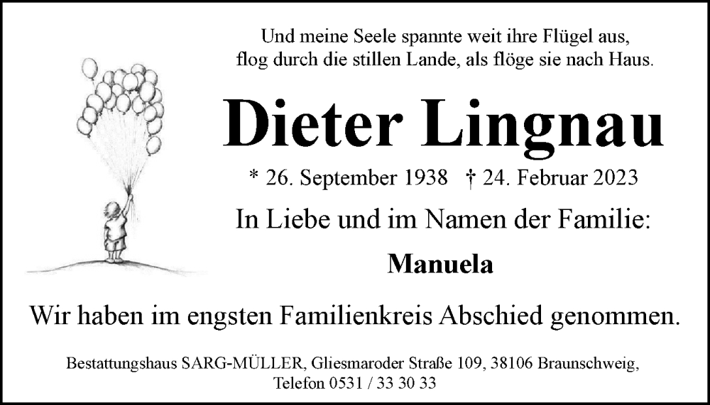  Traueranzeige für Dieter Lingnau vom 25.03.2023 aus Braunschweiger Zeitung