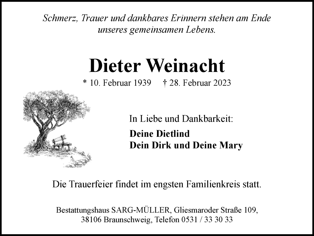  Traueranzeige für Dieter Weinacht vom 11.03.2023 aus Braunschweiger Zeitung