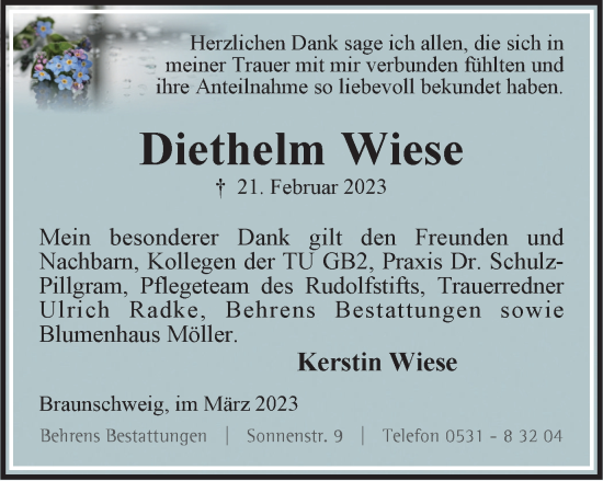 Traueranzeige von Diethelm Wiese von Braunschweiger Zeitung