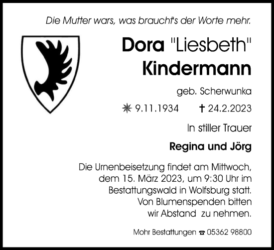 Traueranzeige von Dora Kindermann von Wolfsburger Nachrichten