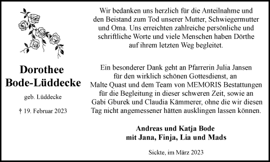Traueranzeige von Dorothee Bode-Lüddecke von Braunschweiger Zeitung