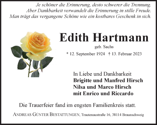 Traueranzeige von Edith Hartmann von Braunschweiger Zeitung
