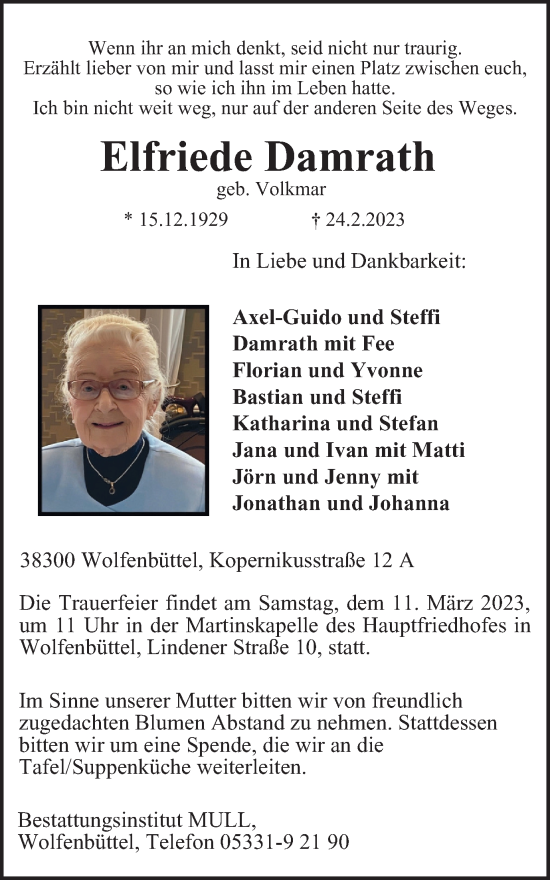 Traueranzeige von Elfriede Damrath von Wolfenbütteler Zeitung