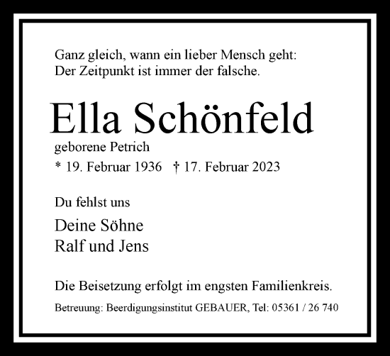 Traueranzeige von Ella Schönfeld von Wolfsburger Nachrichten
