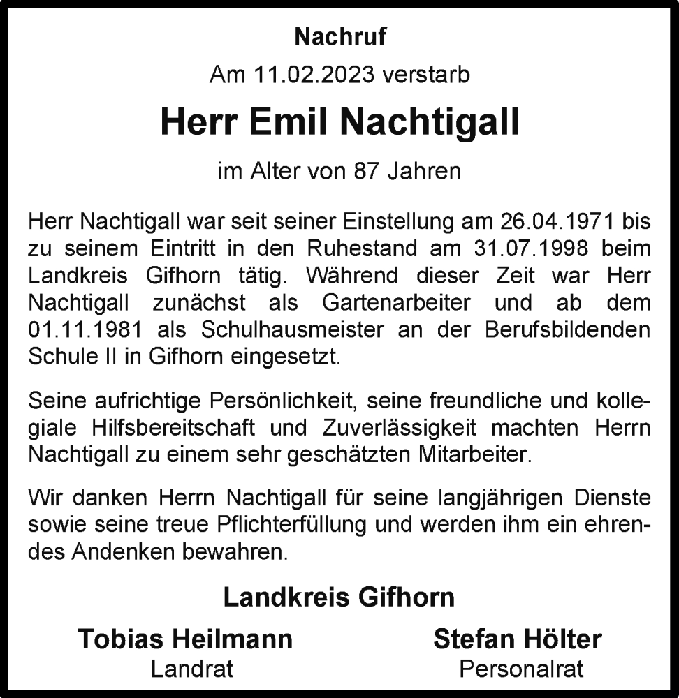  Traueranzeige für Emil Nachtigall vom 11.03.2023 aus Wolfsburger Nachrichten