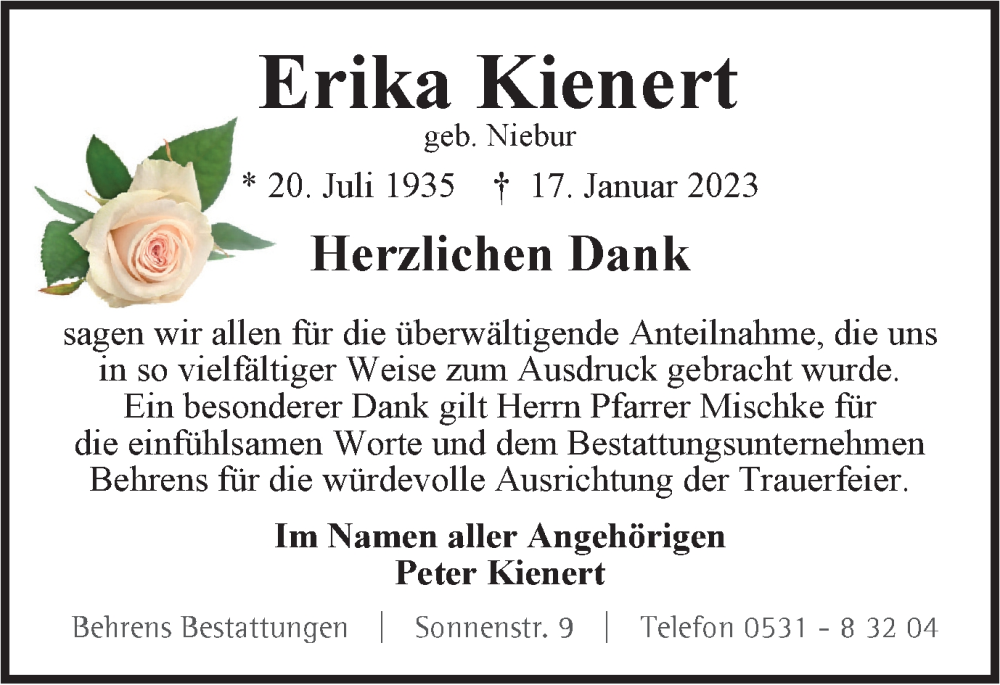  Traueranzeige für Erika Kienert vom 11.03.2023 aus Braunschweiger Zeitung