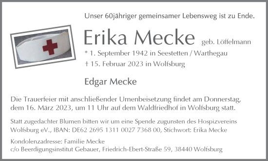 Traueranzeige von Erika Mecke von Wolfsburger Nachrichten
